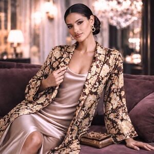 Oscar de la Renta Brown and Cream Floral Paisley Robe